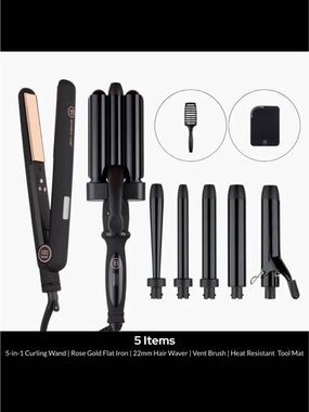 5-in-1 Black Hair Styling Set with Rose Gold Flat Iron